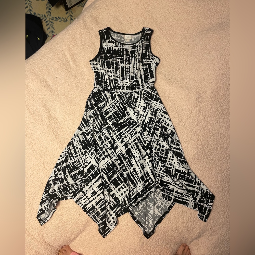 3/$35 ECI sleeveless fit and flare asymmetrical hem dress